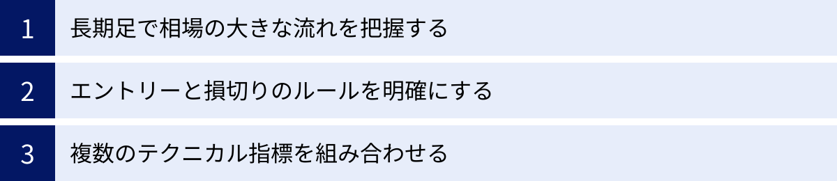 長期足で相場の大きな流れを把握する、エントリーと損切りのルールを明確にする、複数のテクニカル指標を組み合わせる