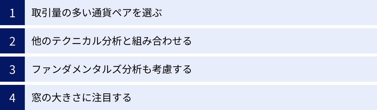 取引量の多い通貨ペアを選ぶ、他のテクニカル分析と組み合わせる、ファンダメンタルズ分析も考慮する、窓の大きさに注目する