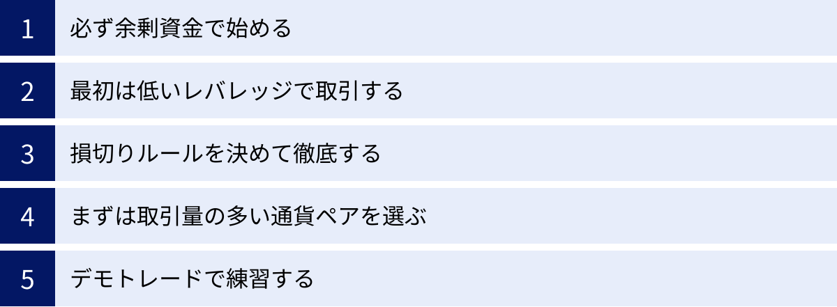 必ず余剰資金で始める、最初は低いレバレッジで取引する、損切りルールを決めて徹底する、まずは取引量の多い通貨ペアを選ぶ、デモトレードで練習する