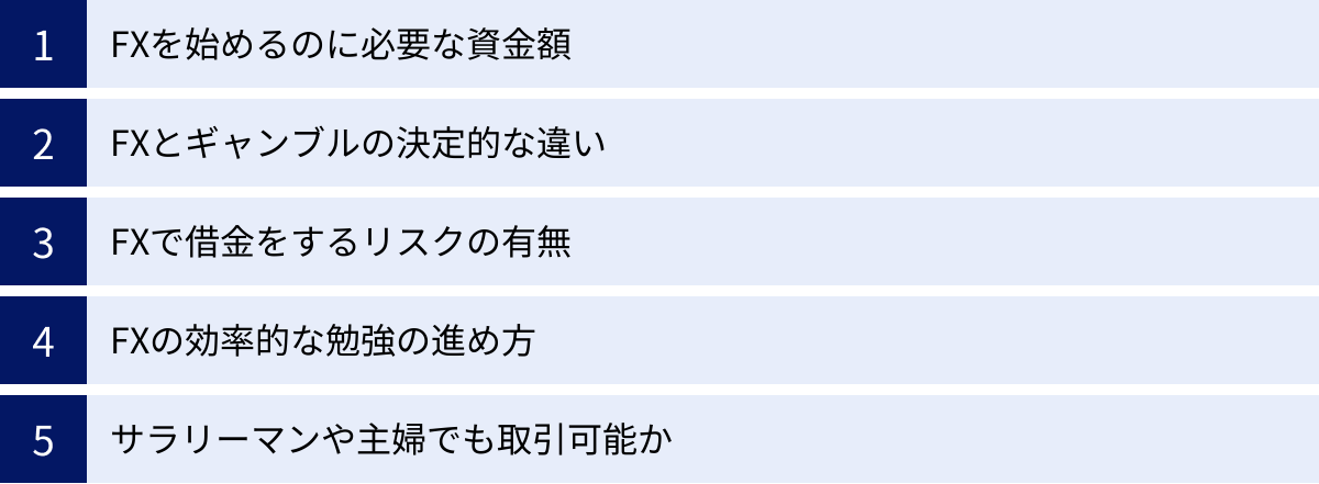 FXを始めるのに必要な資金額、FXとギャンブルの決定的な違い、FXで借金をするリスクの有無、FXの効率的な勉強の進め方、サラリーマンや主婦でも取引可能か