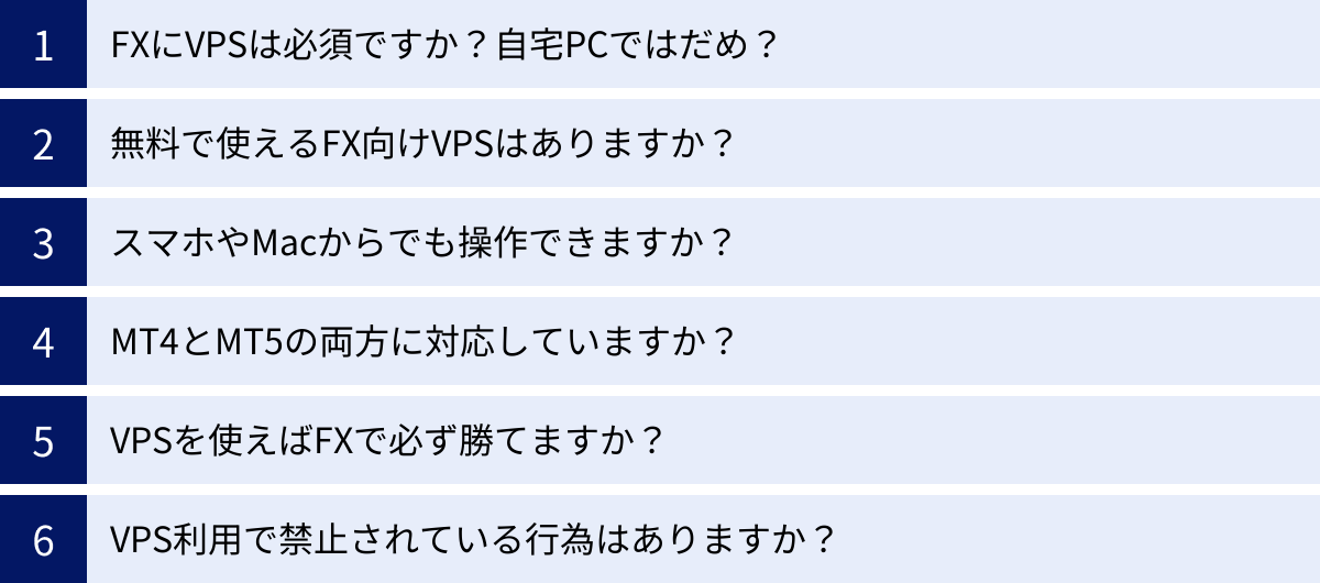 FXにVPSは必須ですか？自宅PCではだめ？、無料で使えるFX向けVPSはありますか？、スマホやMacからでも操作できますか？、MT4とMT5の両方に対応していますか？、VPSを使えばFXで必ず勝てますか？、VPS利用で禁止されている行為はありますか？