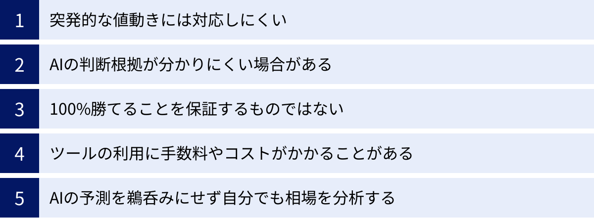 突発的な値動きには対応しにくい、AIの判断根拠が分かりにくい場合がある、100%勝てることを保証するものではない、ツールの利用に手数料やコストがかかることがある、AIの予測を鵜呑みにせず自分でも相場を分析する