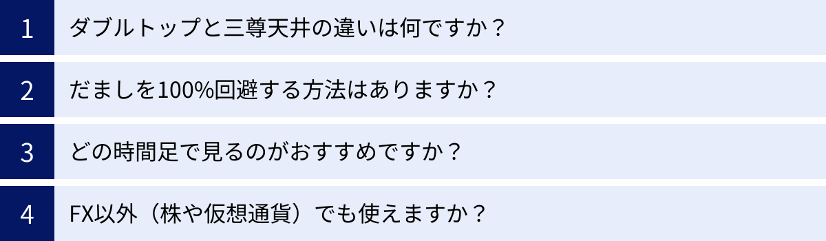 ダブルトップと三尊天井の違いは何ですか？、だましを100%回避する方法はありますか？、どの時間足で見るのがおすすめですか？、FX以外（株や仮想通貨）でも使えますか？