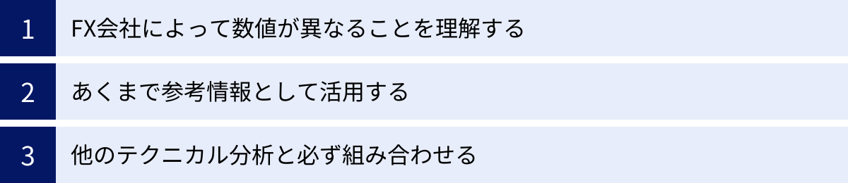 FX会社によって数値が異なることを理解する、あくまで参考情報として活用する、他のテクニカル分析と必ず組み合わせる