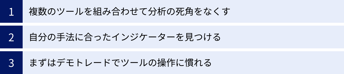 複数のツールを組み合わせて分析の死角をなくす、自分の手法に合ったインジケーターを見つける、まずはデモトレードでツールの操作に慣れる