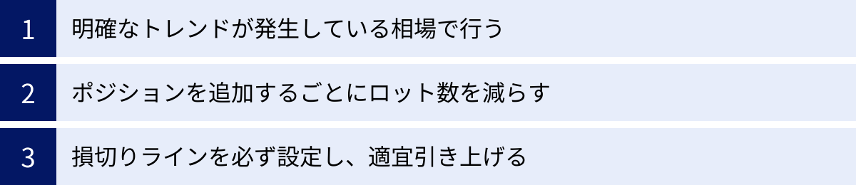 明確なトレンドが発生している相場で行う、ポジションを追加するごとにロット数を減らす、損切りラインを必ず設定し、適宜引き上げる