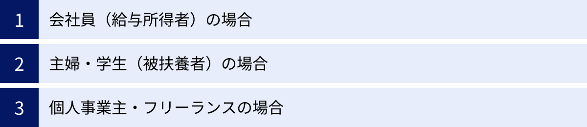 会社員（給与所得者）の場合、主婦・学生（被扶養者）の場合、個人事業主・フリーランスの場合