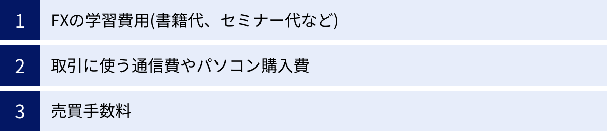 FXの学習費用(書籍代、セミナー代など)、取引に使う通信費やパソコン購入費、売買手数料