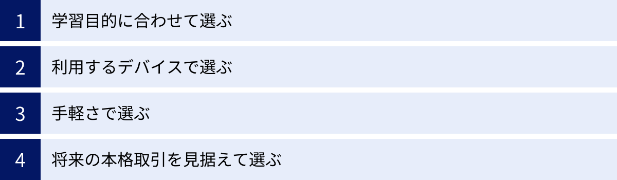 学習目的に合わせて選ぶ、利用するデバイスで選ぶ、手軽さで選ぶ、将来の本格取引を見据えて選ぶ