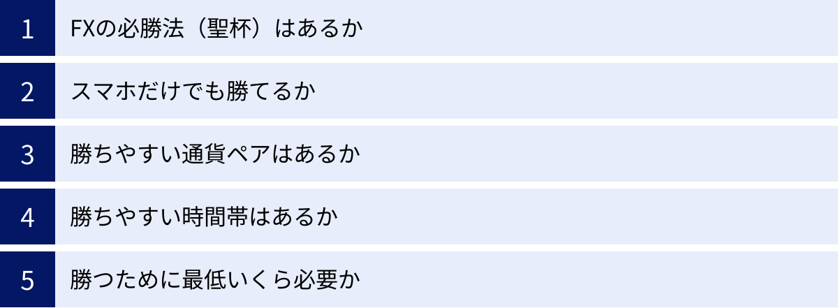 FXの必勝法（聖杯）はあるか、スマホだけでも勝てるか、勝ちやすい通貨ペアはあるか、勝ちやすい時間帯はあるか、勝つために最低いくら必要か