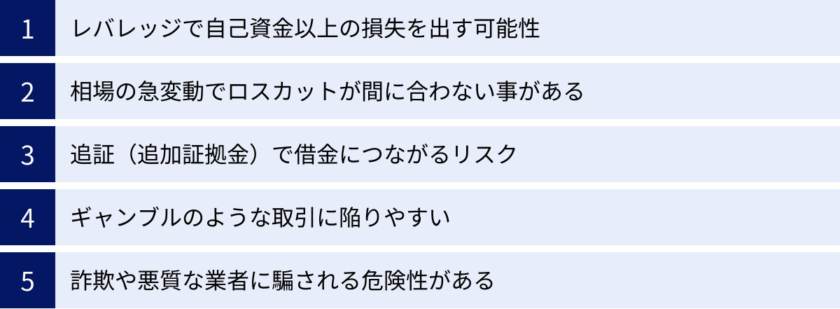 レバレッジで自己資金以上の損失を出す可能性、相場の急変動でロスカットが間に合わない事がある、追証（追加証拠金）で借金につながるリスク、ギャンブルのような取引に陥りやすい、詐欺や悪質な業者に騙される危険性がある