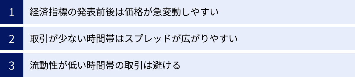 経済指標の発表前後は価格が急変動しやすい、取引が少ない時間帯はスプレッドが広がりやすい、流動性が低い時間帯の取引は避ける