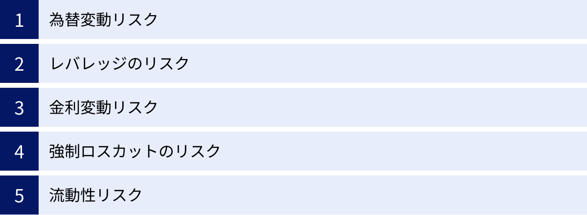 為替変動リスク、レバレッジのリスク、金利変動リスク、強制ロスカットのリスク、流動性リスク