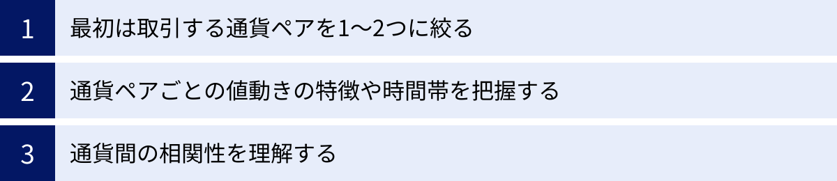 最初は取引する通貨ペアを1〜2つに絞る、通貨ペアごとの値動きの特徴や時間帯を把握する、通貨間の相関性を理解する