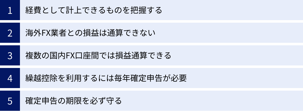 経費として計上できるものを把握する、海外FX業者との損益は通算できない、複数の国内FX口座間では損益通算できる、繰越控除を利用するには毎年確定申告が必要、確定申告の期限を必ず守る