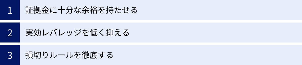 証拠金に十分な余裕を持たせる、実効レバレッジを低く抑える、損切りルールを徹底する