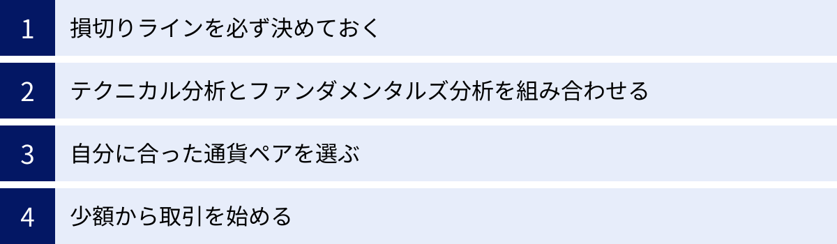 損切りラインを必ず決めておく、テクニカル分析とファンダメンタルズ分析を組み合わせる、自分に合った通貨ペアを選ぶ、少額から取引を始める