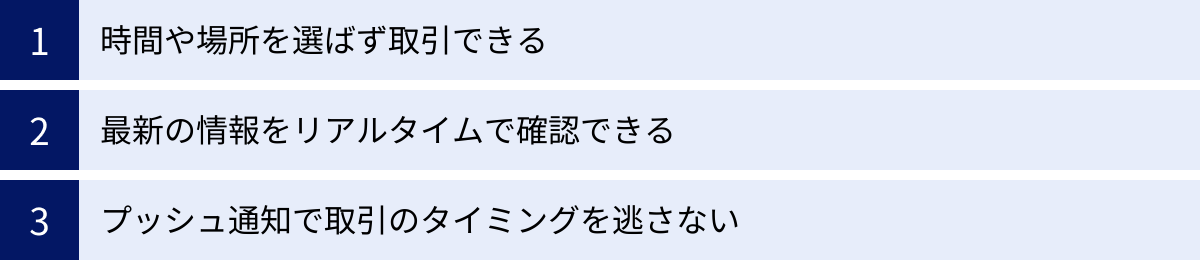時間や場所を選ばず取引できる、最新の情報をリアルタイムで確認できる、プッシュ通知で取引のタイミングを逃さない