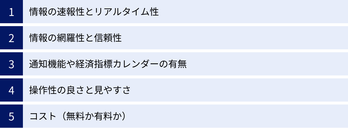 情報の速報性とリアルタイム性、情報の網羅性と信頼性、通知機能や経済指標カレンダーの有無、操作性の良さと見やすさ、コスト（無料か有料か）