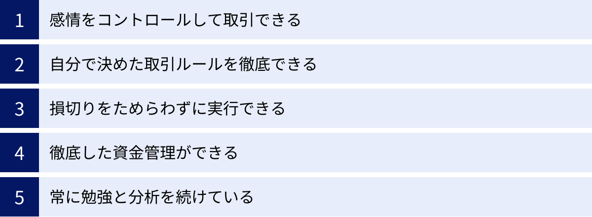 感情をコントロールして取引できる、自分で決めた取引ルールを徹底できる、損切りをためらわずに実行できる、徹底した資金管理ができる、常に勉強と分析を続けている