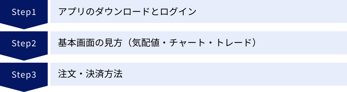 アプリのダウンロードとログイン、基本画面の見方（気配値・チャート・トレード）、注文・決済方法