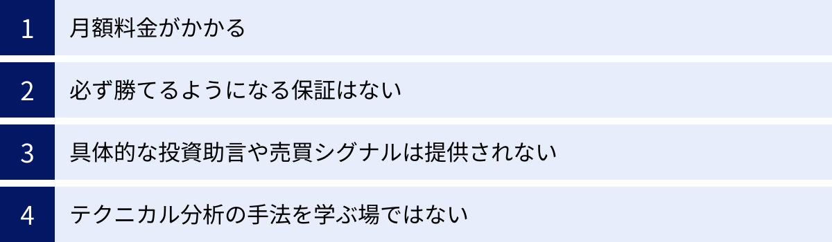 月額料金がかかる、必ず勝てるようになる保証はない、具体的な投資助言や売買シグナルは提供されない、テクニカル分析の手法を学ぶ場ではない