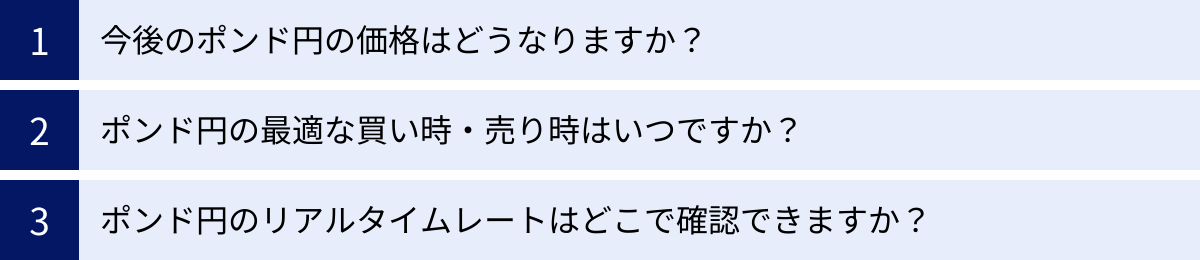 今後のポンド円の価格はどうなりますか？、ポンド円の最適な買い時・売り時はいつですか？、ポンド円のリアルタイムレートはどこで確認できますか？