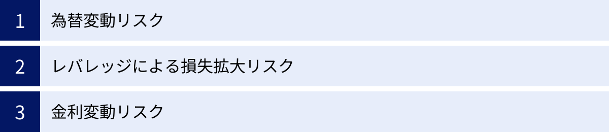 為替変動リスク、レバレッジによる損失拡大リスク、金利変動リスク