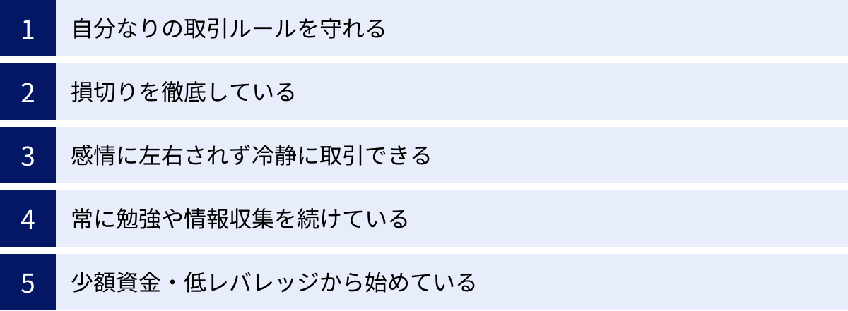 自分なりの取引ルールを守れる、損切りを徹底している、感情に左右されず冷静に取引できる、常に勉強や情報収集を続けている、少額資金・低レバレッジから始めている