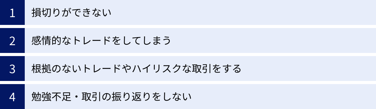 損切りができない、感情的なトレードをしてしまう、根拠のないトレードやハイリスクな取引をする、勉強不足・取引の振り返りをしない