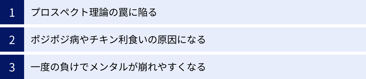 プロスペクト理論の罠に陥る、ポジポジ病やチキン利食いの原因になる、一度の負けでメンタルが崩れやすくなる