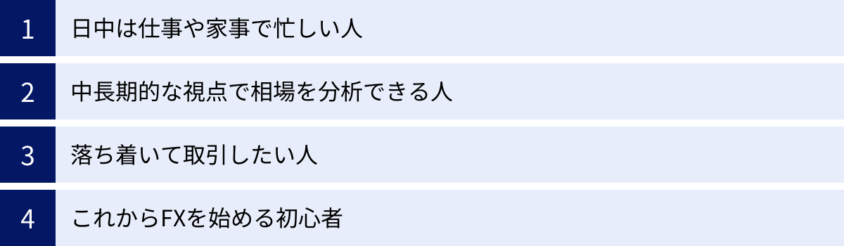 日中は仕事や家事で忙しい人、中長期的な視点で相場を分析できる人、落ち着いて取引したい人、これからFXを始める初心者