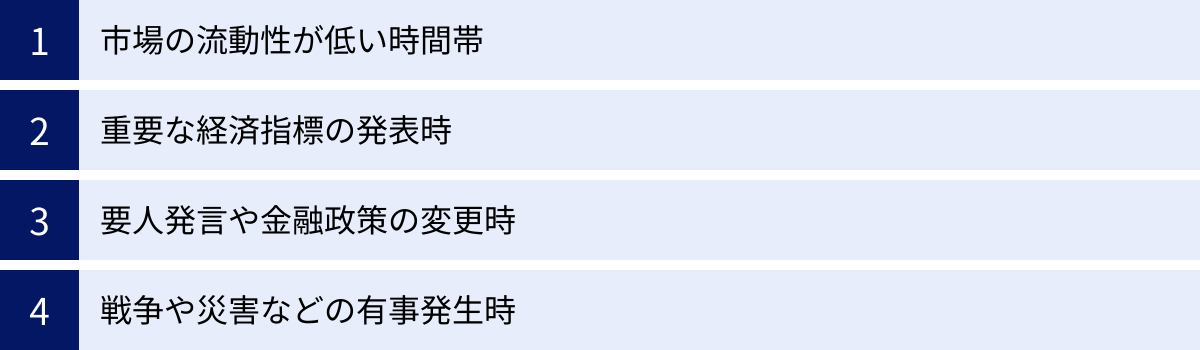 市場の流動性が低い時間帯、重要な経済指標の発表時、要人発言や金融政策の変更時、戦争や災害などの有事発生時