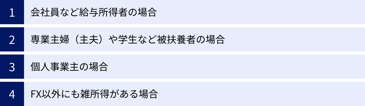 会社員など給与所得者の場合、専業主婦（主夫）や学生など被扶養者の場合、個人事業主の場合、FX以外にも雑所得がある場合