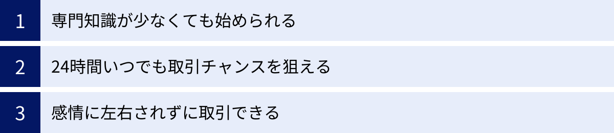 専門知識が少なくても始められる、24時間いつでも取引チャンスを狙える、感情に左右されずに取引できる