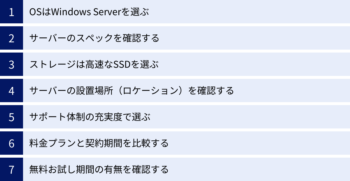 OSはWindows Serverを選ぶ、サーバーのスペックを確認する、ストレージは高速なSSDを選ぶ、サーバーの設置場所（ロケーション）を確認する、サポート体制の充実度で選ぶ、料金プランと契約期間を比較する、無料お試し期間の有無を確認する
