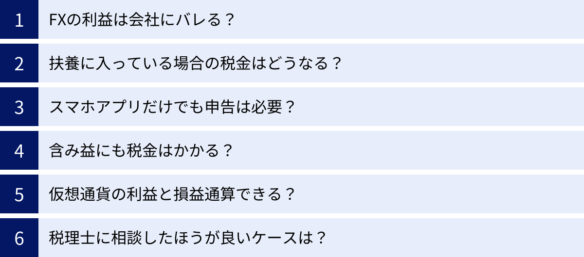 FXの利益は会社にバレる？、扶養に入っている場合の税金はどうなる？、スマホアプリだけでも申告は必要？、含み益にも税金はかかる？、仮想通貨の利益と損益通算できる？、税理士に相談したほうが良いケースは？