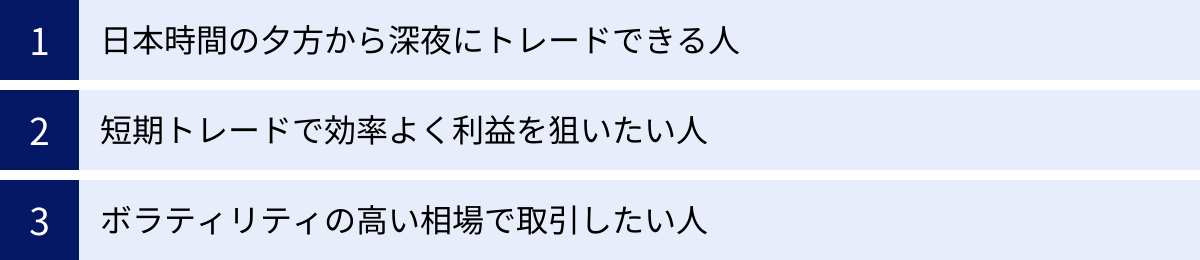 日本時間の夕方から深夜にトレードできる人、短期トレードで効率よく利益を狙いたい人、ボラティリティの高い相場で取引したい人