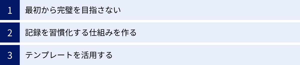最初から完璧を目指さない、記録を習慣化する仕組みを作る、テンプレートを活用する
