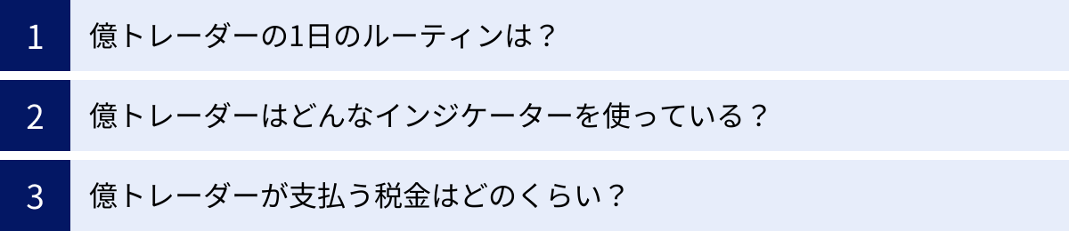 億トレーダーの1日のルーティンは？、億トレーダーはどんなインジケーターを使っている？、億トレーダーが支払う税金はどのくらい？