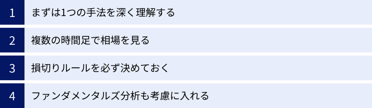 まずは1つの手法を深く理解する、複数の時間足で相場を見る、損切りルールを必ず決めておく、ファンダメンタルズ分析も考慮に入れる