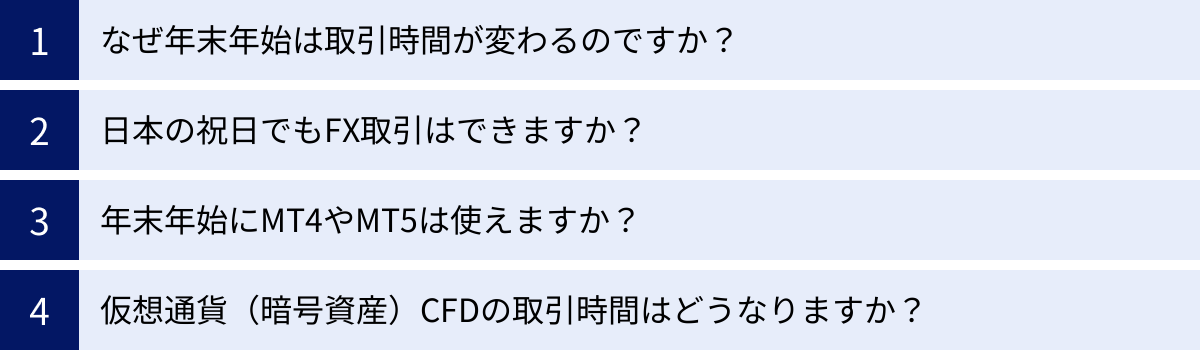なぜ年末年始は取引時間が変わるのですか？、日本の祝日でもFX取引はできますか？、年末年始にMT4やMT5は使えますか？、仮想通貨（暗号資産）CFDの取引時間はどうなりますか？