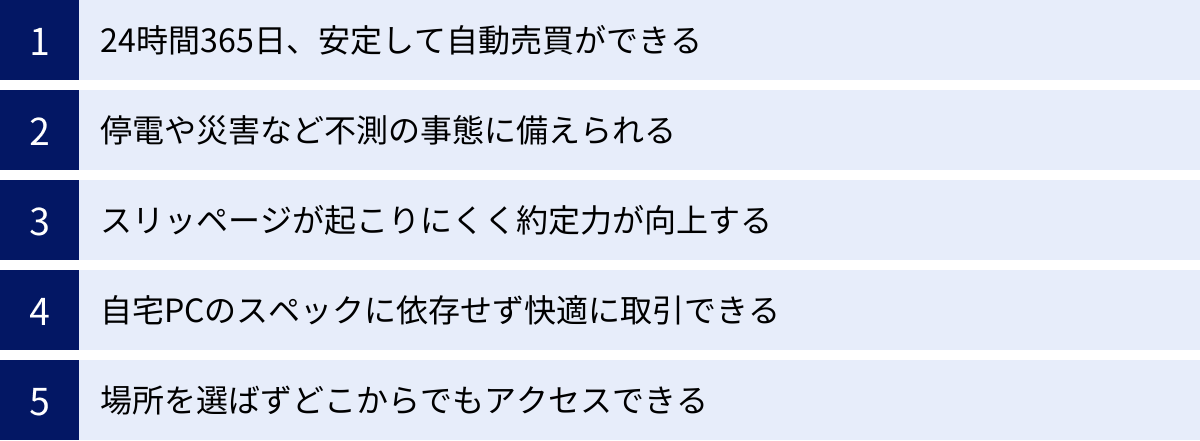 24時間365日、安定して自動売買ができる、停電や災害など不測の事態に備えられる、スリッページが起こりにくく約定力が向上する、自宅PCのスペックに依存せず快適に取引できる、場所を選ばずどこからでもアクセスできる