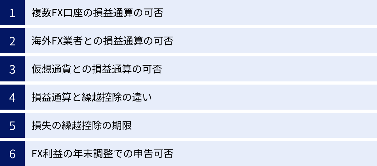 複数FX口座の損益通算の可否、海外FX業者との損益通算の可否、仮想通貨との損益通算の可否、損益通算と繰越控除の違い、損失の繰越控除の期限、FX利益の年末調整での申告可否