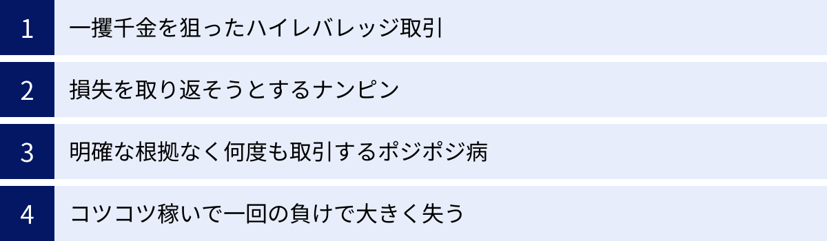 一攫千金を狙ったハイレバレッジ取引、損失を取り返そうとするナンピン、明確な根拠なく何度も取引するポジポジ病、コツコツ稼いで一回の負けで大きく失う