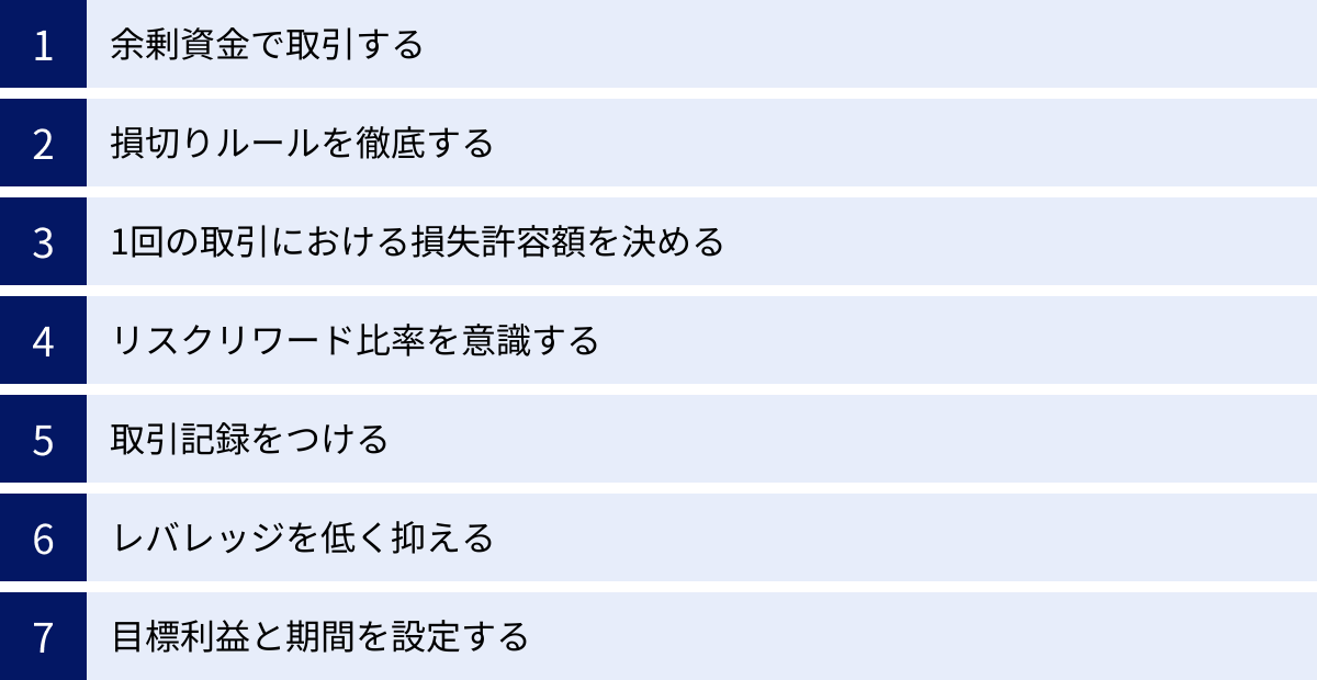 余剰資金で取引する、損切りルールを徹底する、1回の取引における損失許容額を決める、リスクリワード比率を意識する、取引記録をつける、レバレッジを低く抑える、目標利益と期間を設定する