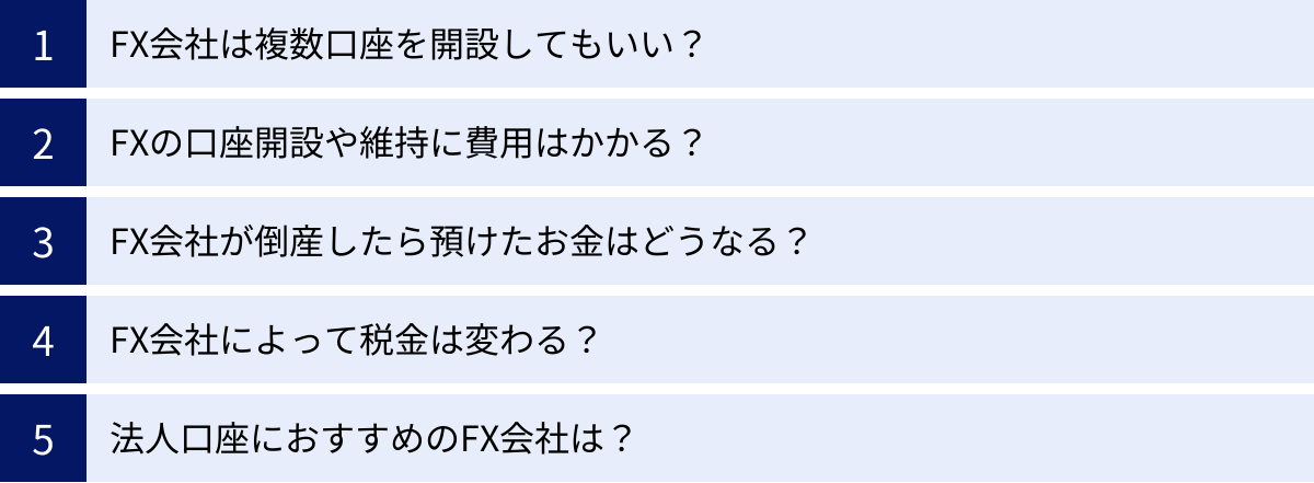FX会社は複数口座を開設してもいい？、FXの口座開設や維持に費用はかかる？、FX会社が倒産したら預けたお金はどうなる？、FX会社によって税金は変わる？、法人口座におすすめのFX会社は？